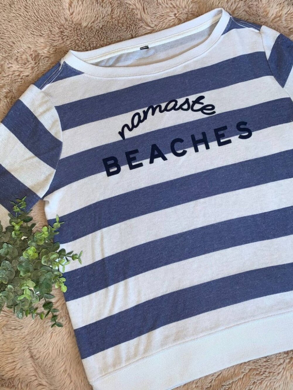 Betsey Johnson Blue White "Namaste Beaches" Striped Long Sleeve Top